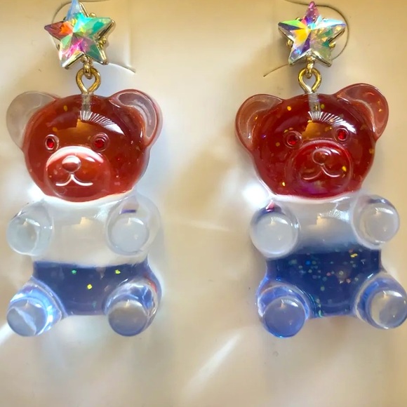 Betsey Johnson Acrylic Red, White & Blue Gummy Bear Drop Earrings NIB - Picture 6 of 9